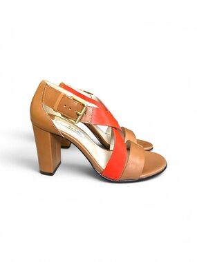 NWOT Boden Tan and Orange Cross-Strap Block Sandals with Gold Buckle